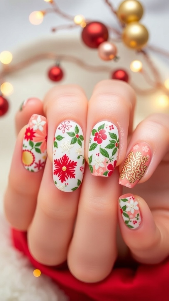 Japanese Christmas Nail Art Design Japanese Christmas nail art with snowflakes and holly leaves in red, green, and gold.